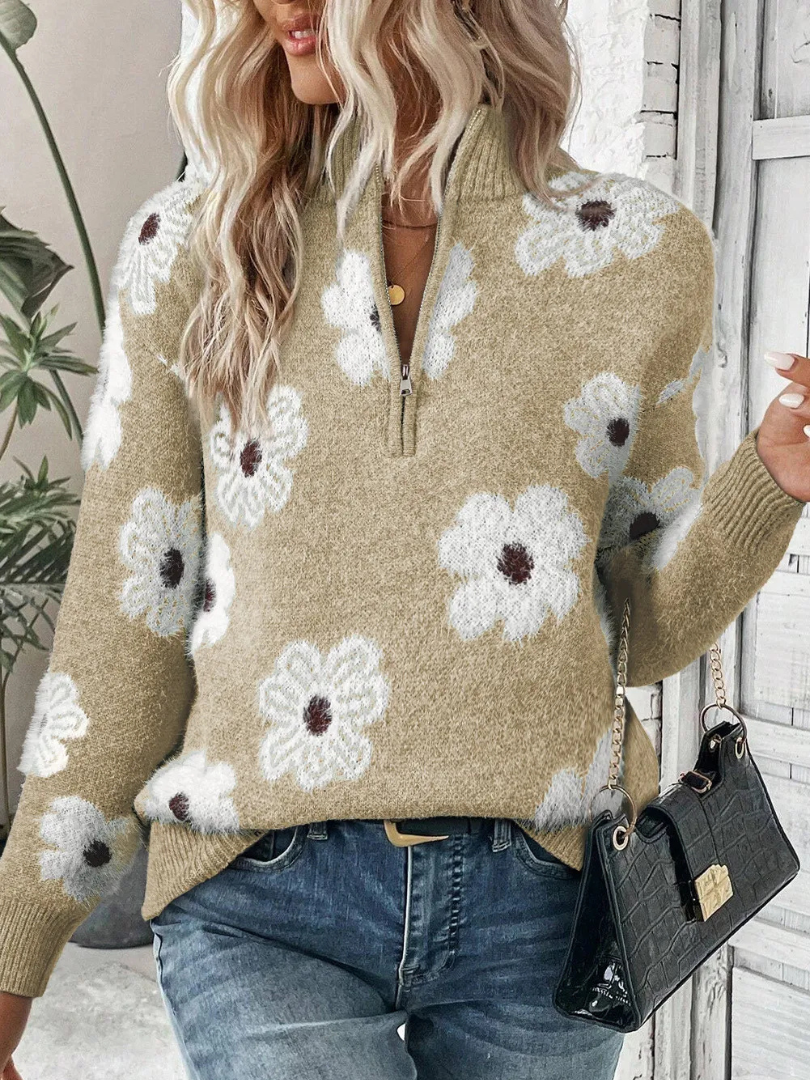 Della I Zip-Up Flower Sweater