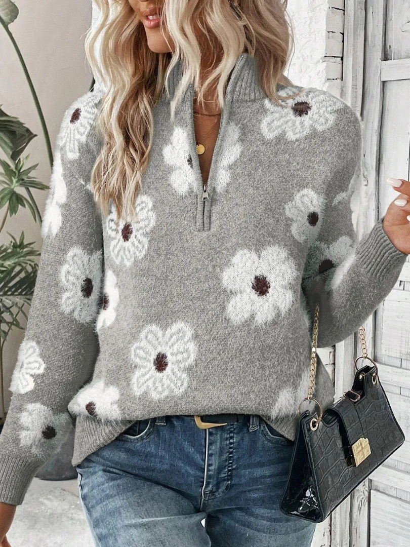 Della I Zip-Up Flower Sweater