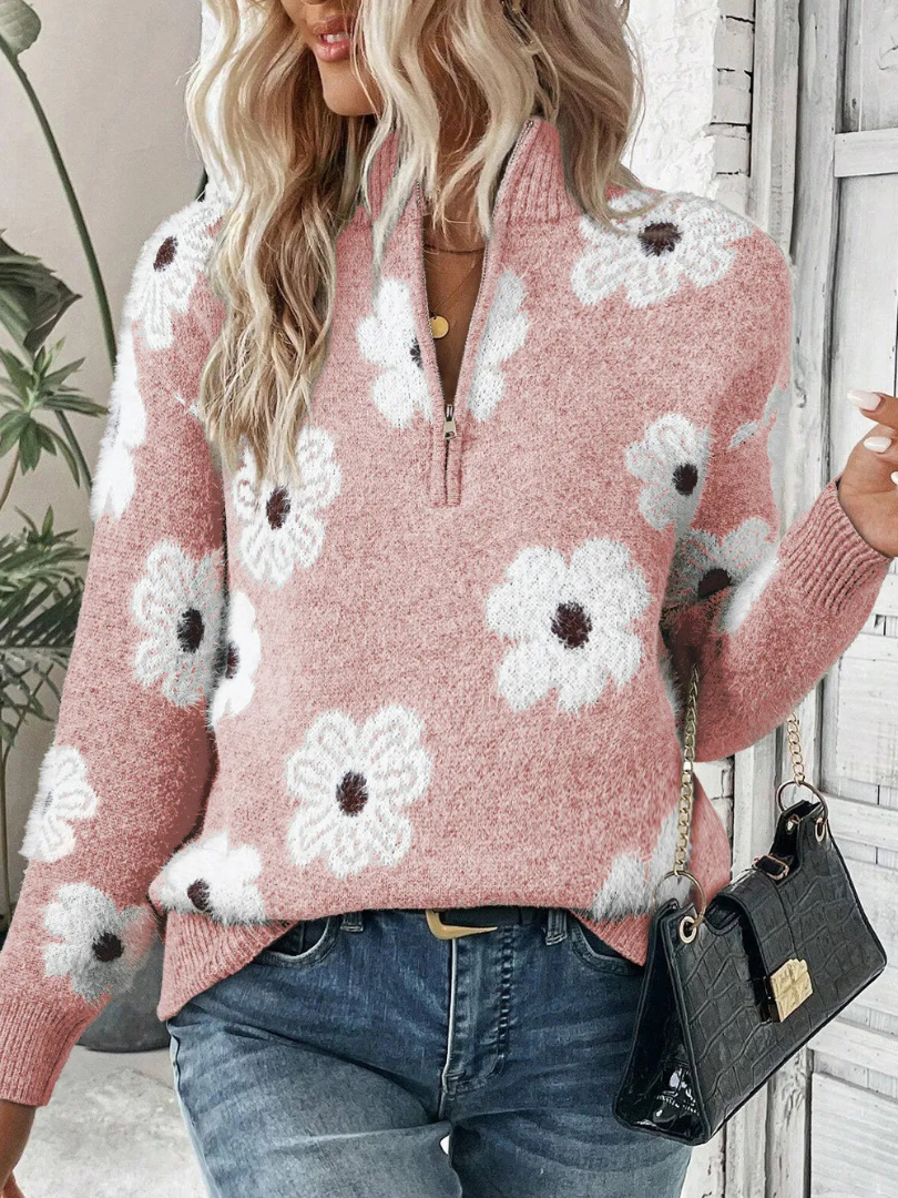 Della I Zip-Up Flower Sweater